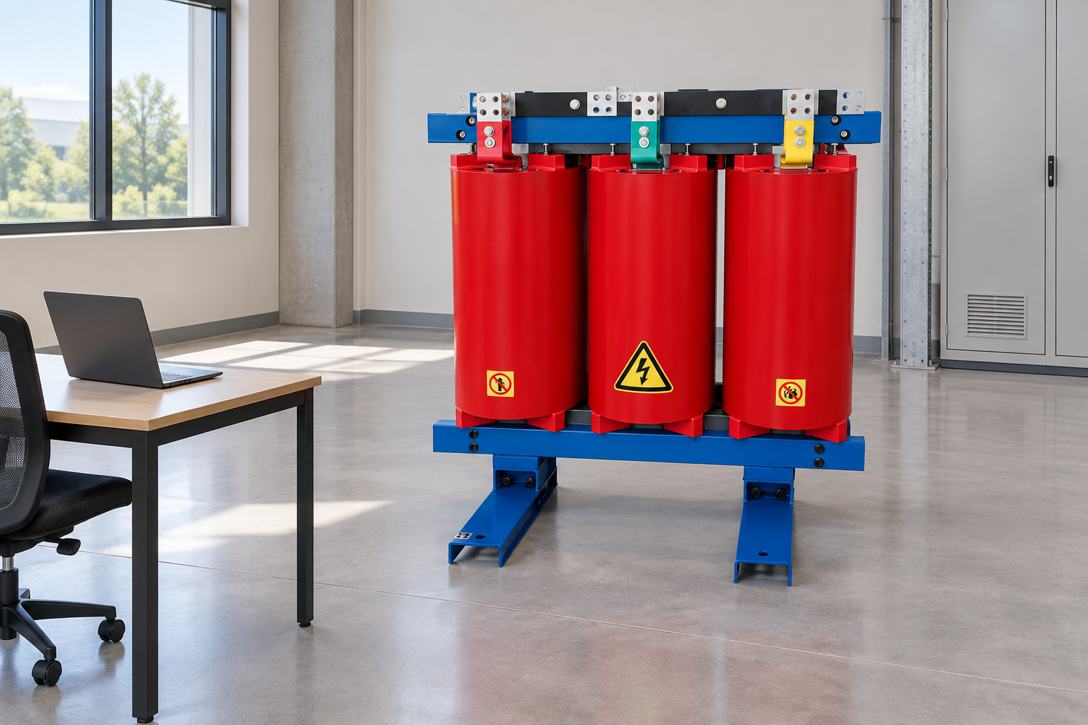 Cast-resin transformer beside an isolated measurement planning desk