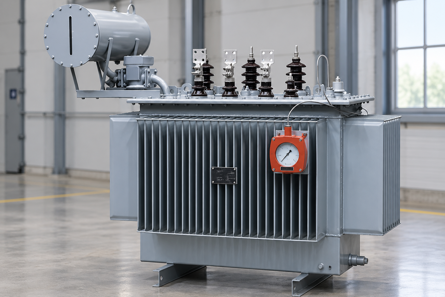 Oil transformer bushings and conservator in an inspection bay
