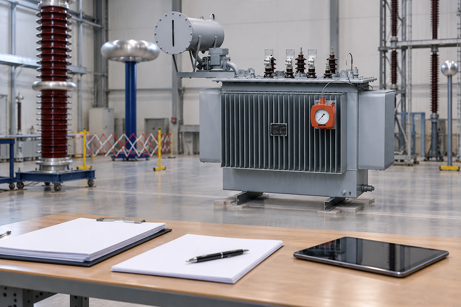 Oil transformer beside factory report review documents