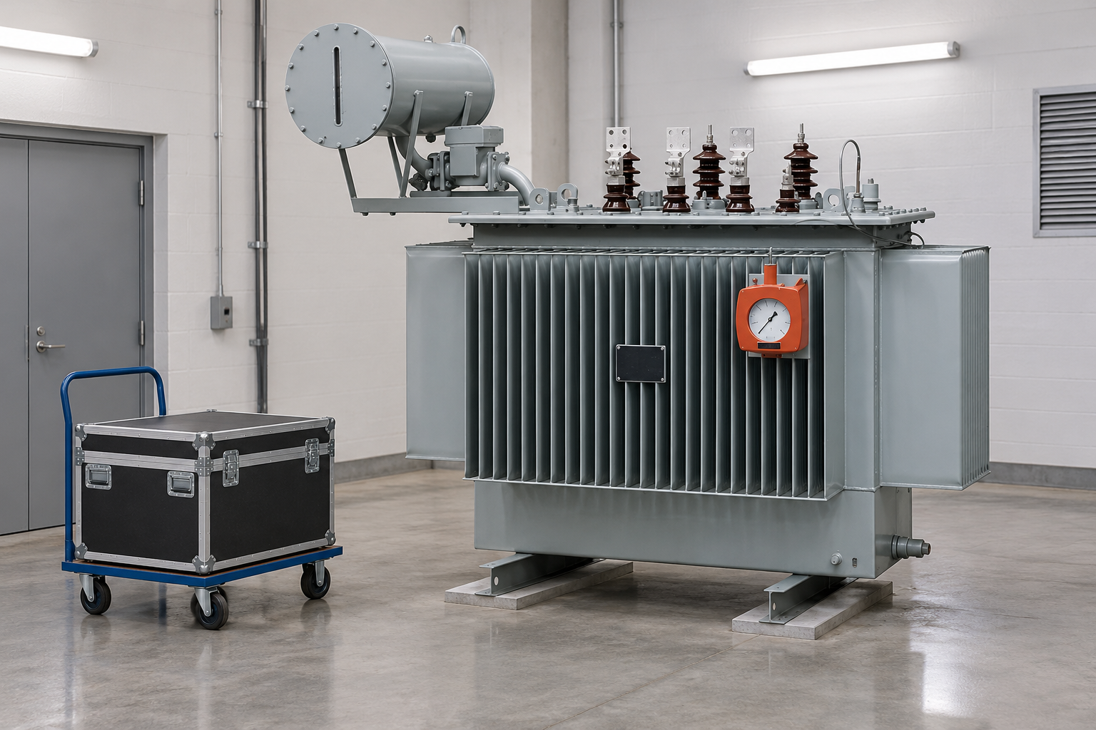 Oil transformer beside an unconnected inspection trolley
