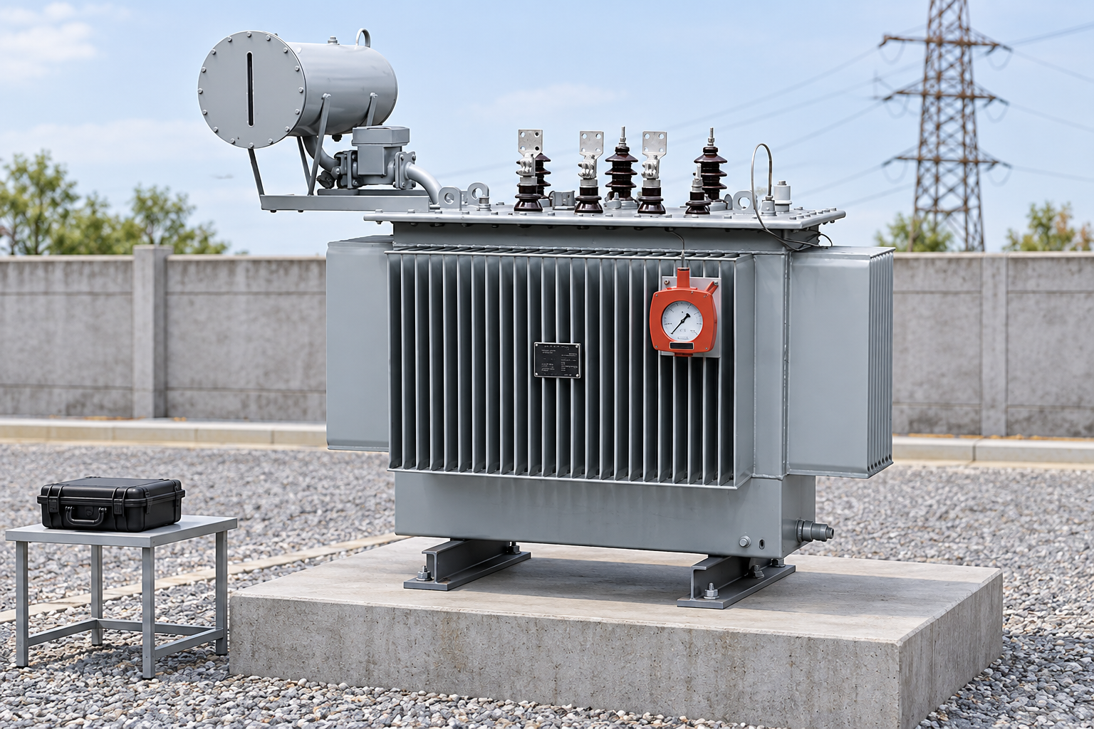 Reference oil transformer on a concrete foundation