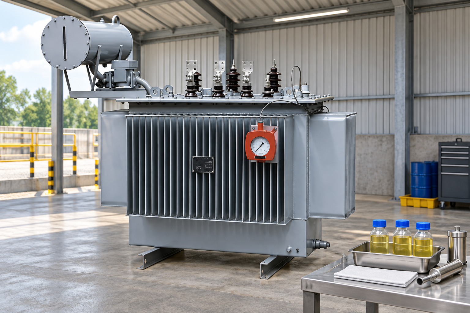 Oil transformer beside sealed sample bottles in a containment tray
