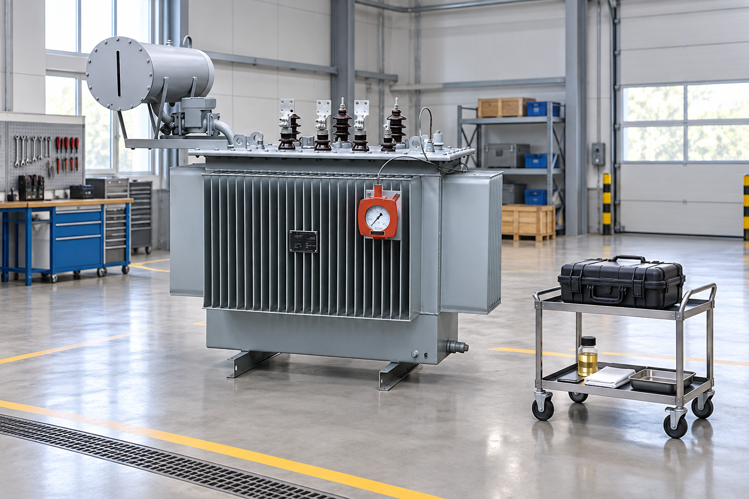 Oil transformer beside a separate maintenance trolley and testing case