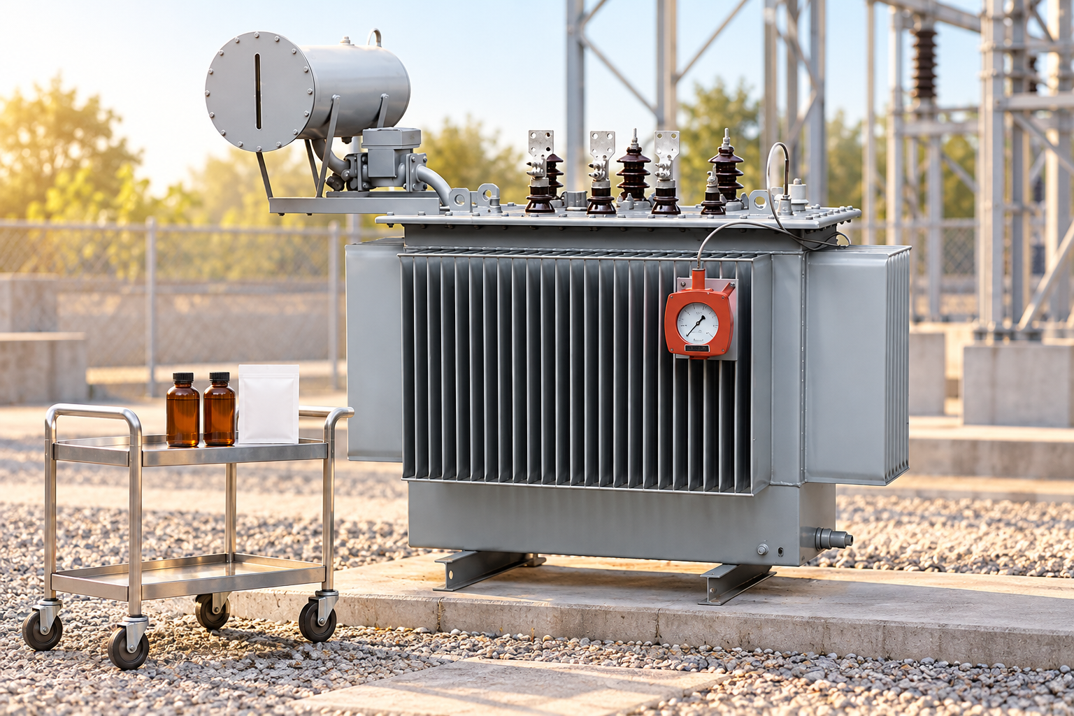 Capped oil samples and a blank specimen envelope beside the reference transformer