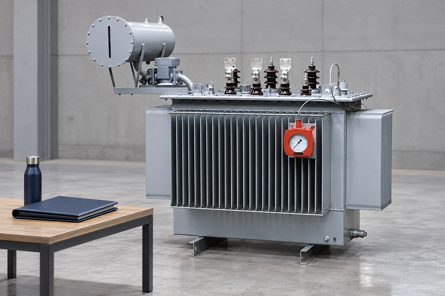 Closed report folder and capped oil specimen near the reference transformer