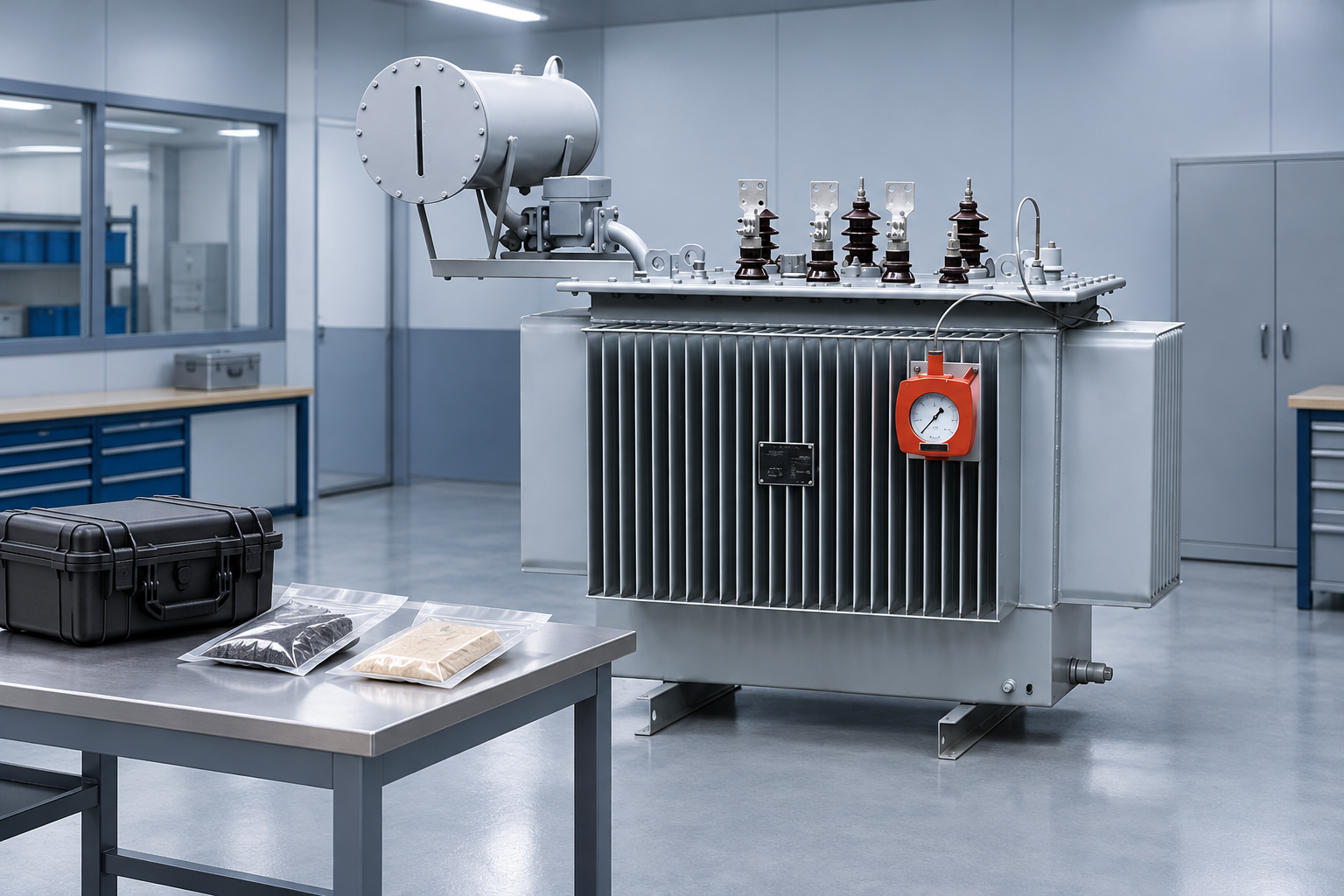 Closed specimen case and sealed material samples beside the reference transformer