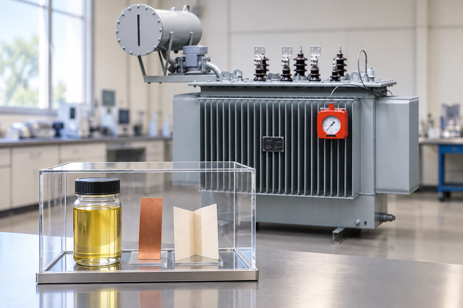 Sealed oil specimen beside enclosed copper and paper specimens with the reference transformer behind