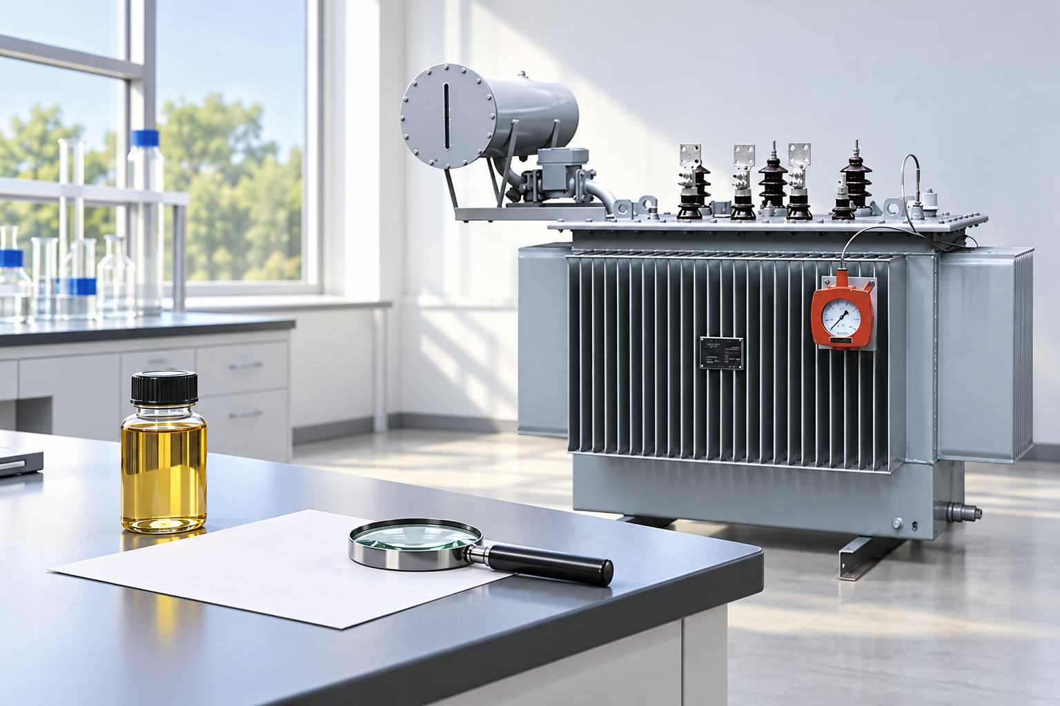 Reference transformer beside a closed oil specimen and blank laboratory report