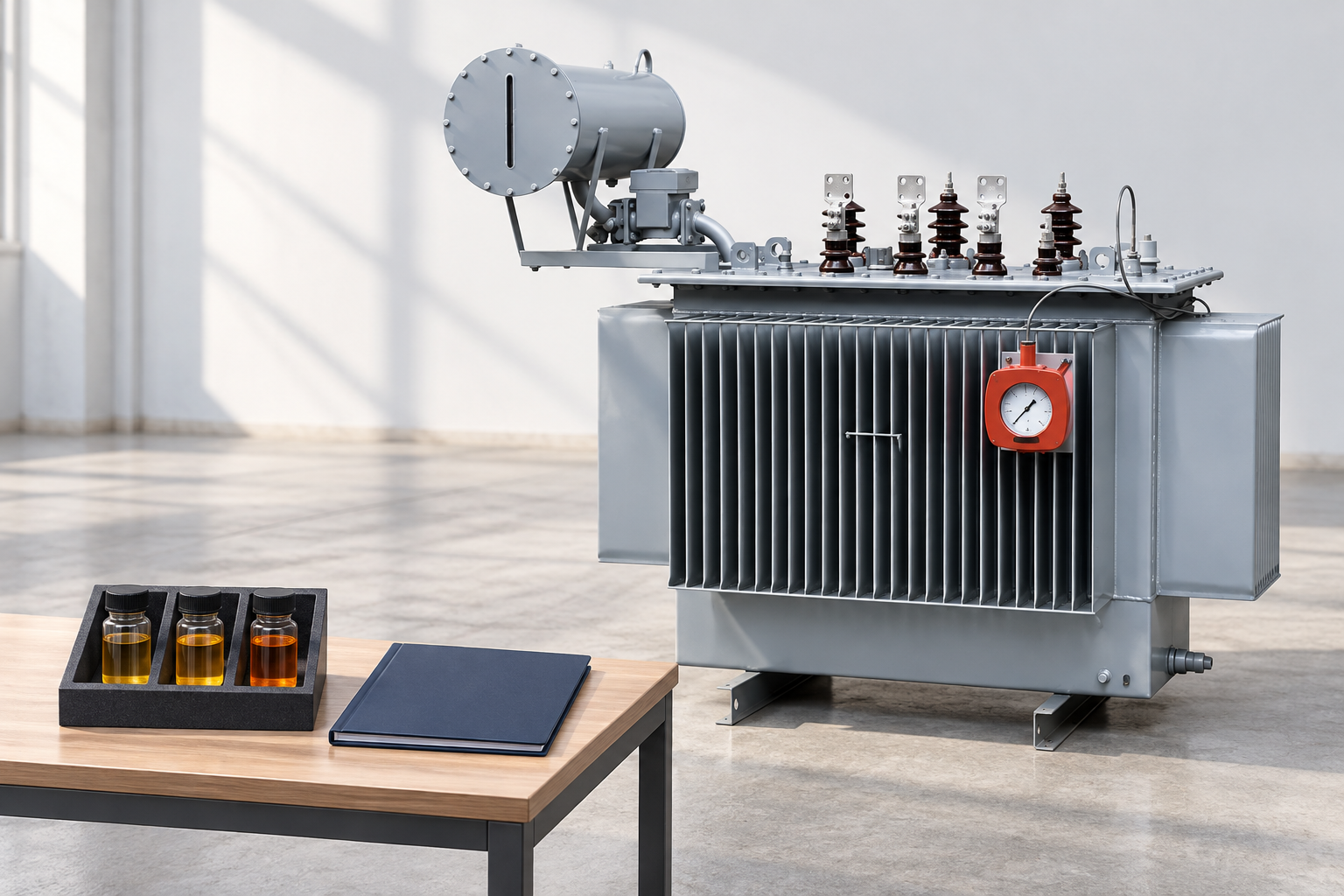 Separate compartments holding capped amber vials near the reference oil immersed transformer