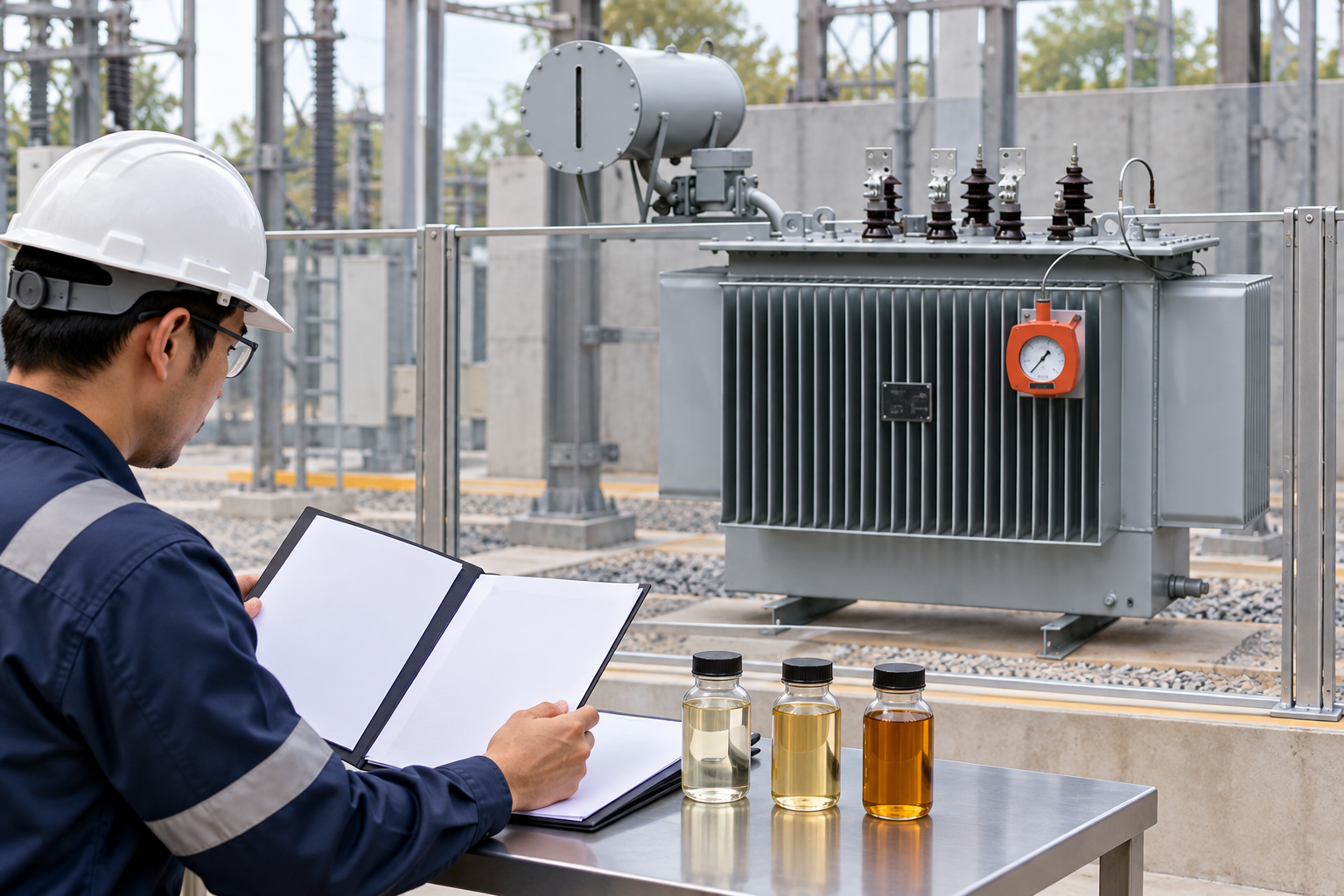 Engineer comparing records beside sealed oil bottles and the reference transformer