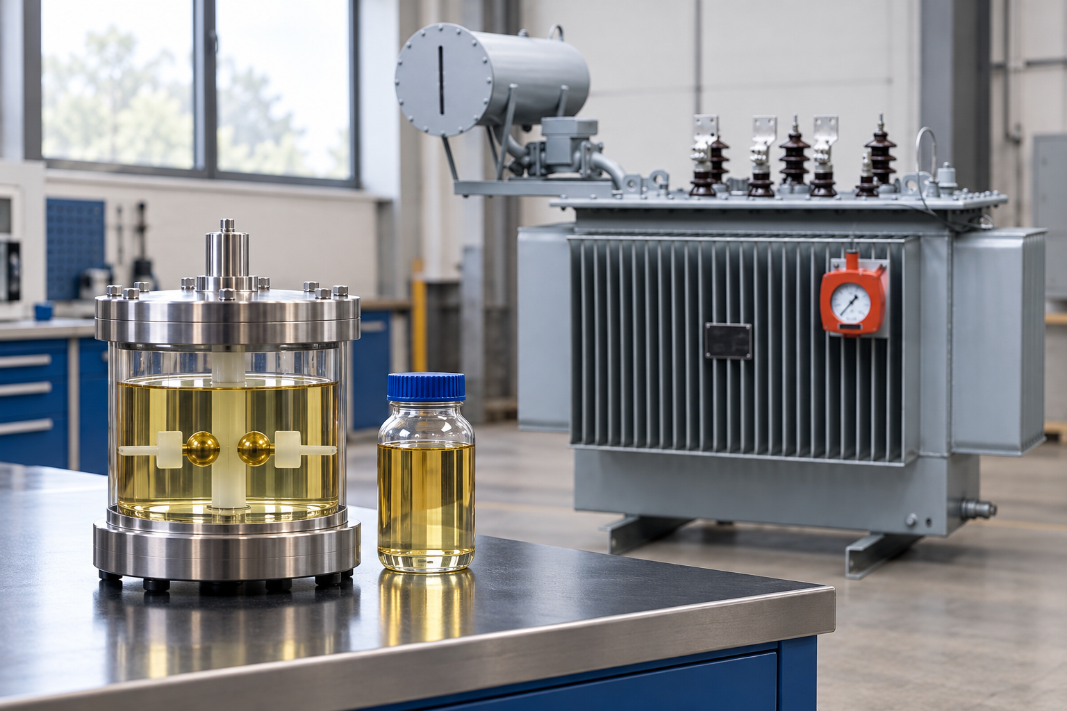 Closed conceptual liquid cell beside a capped sample and the reference transformer