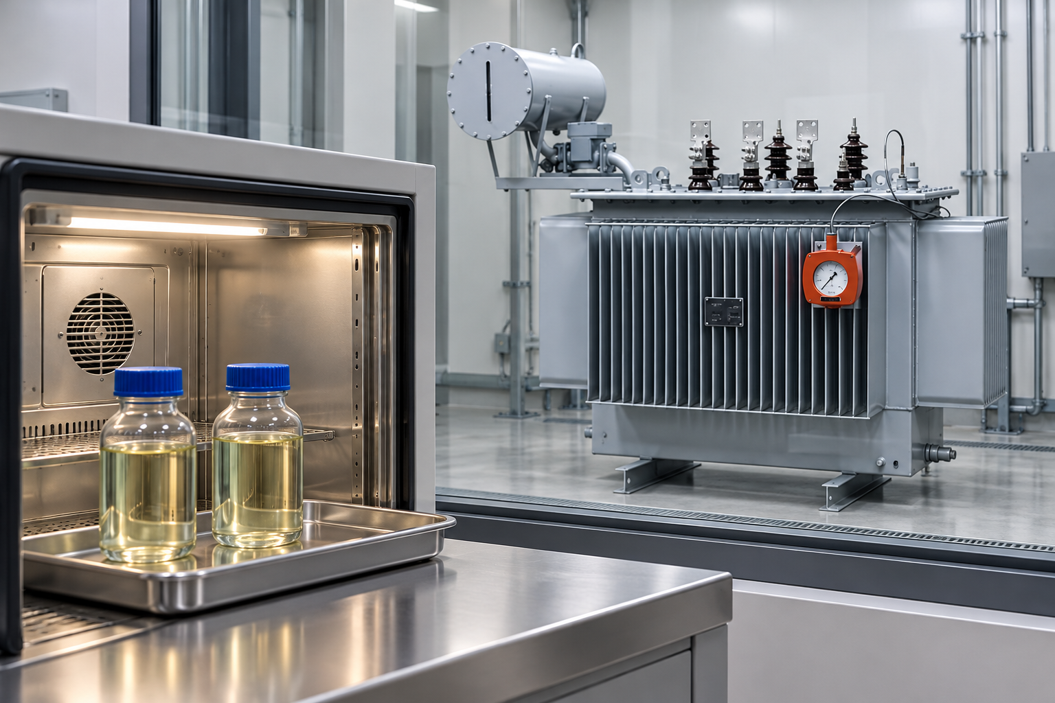 Capped specimen bottles near a temperature enclosure with transformer behind glass