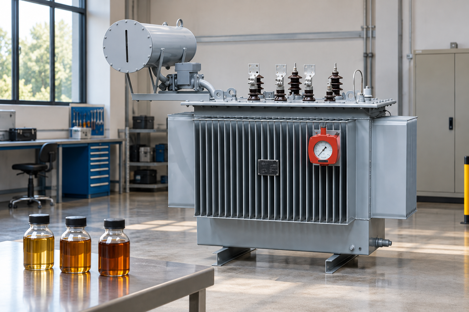 Sealed oil specimens beside the reference oil immersed transformer
