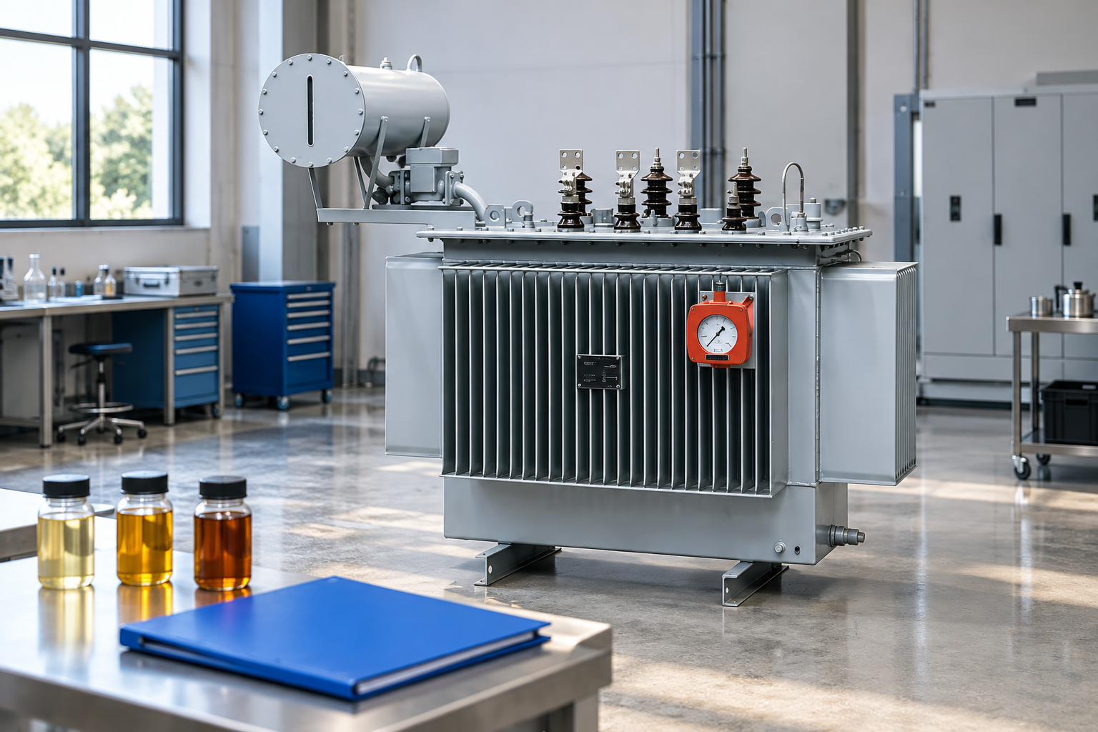 Blank laboratory report folder and capped oil samples in front of the reference transformer