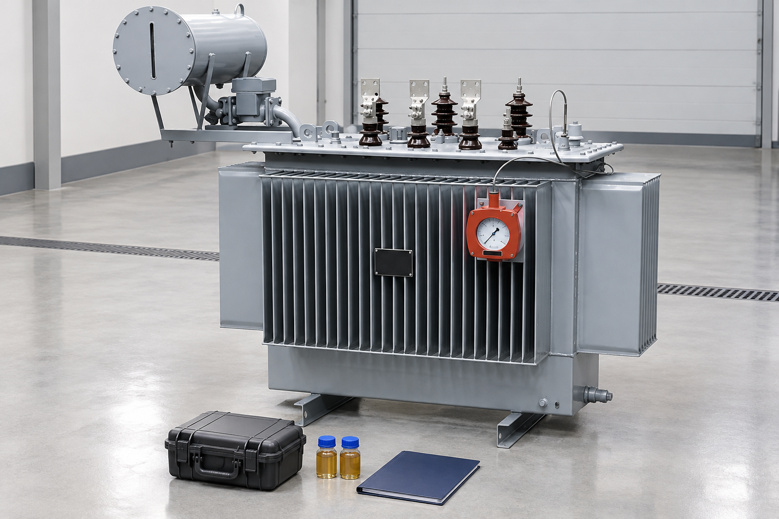 Blank report folder and closed specimen transport case in front of the reference transformer