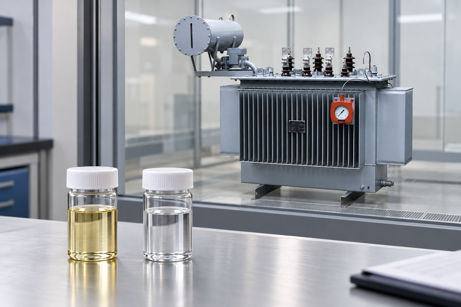 Separate oil and water specimen vials with transformer behind a window