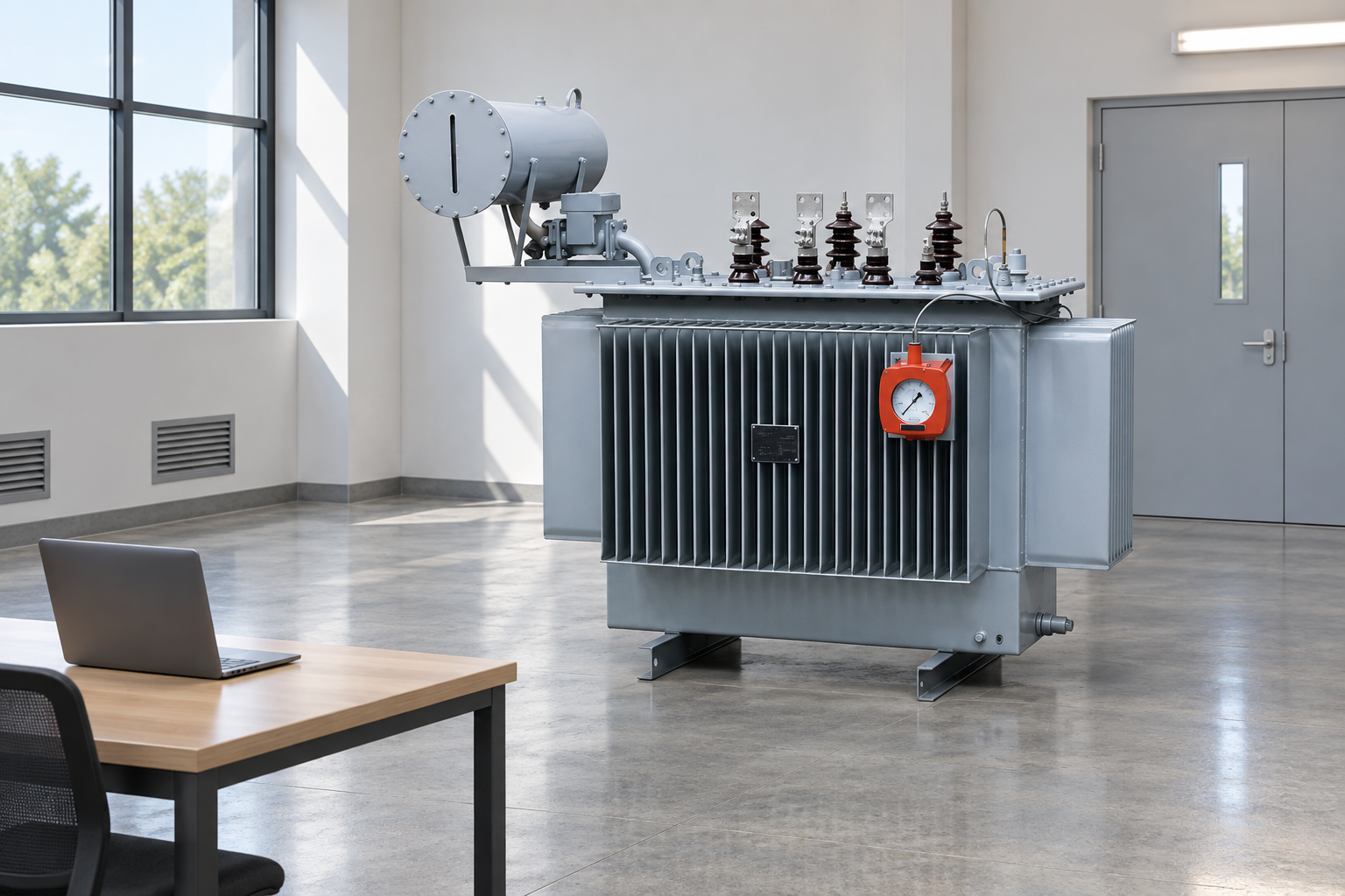 Oil transformer beside a separate maintenance planning desk