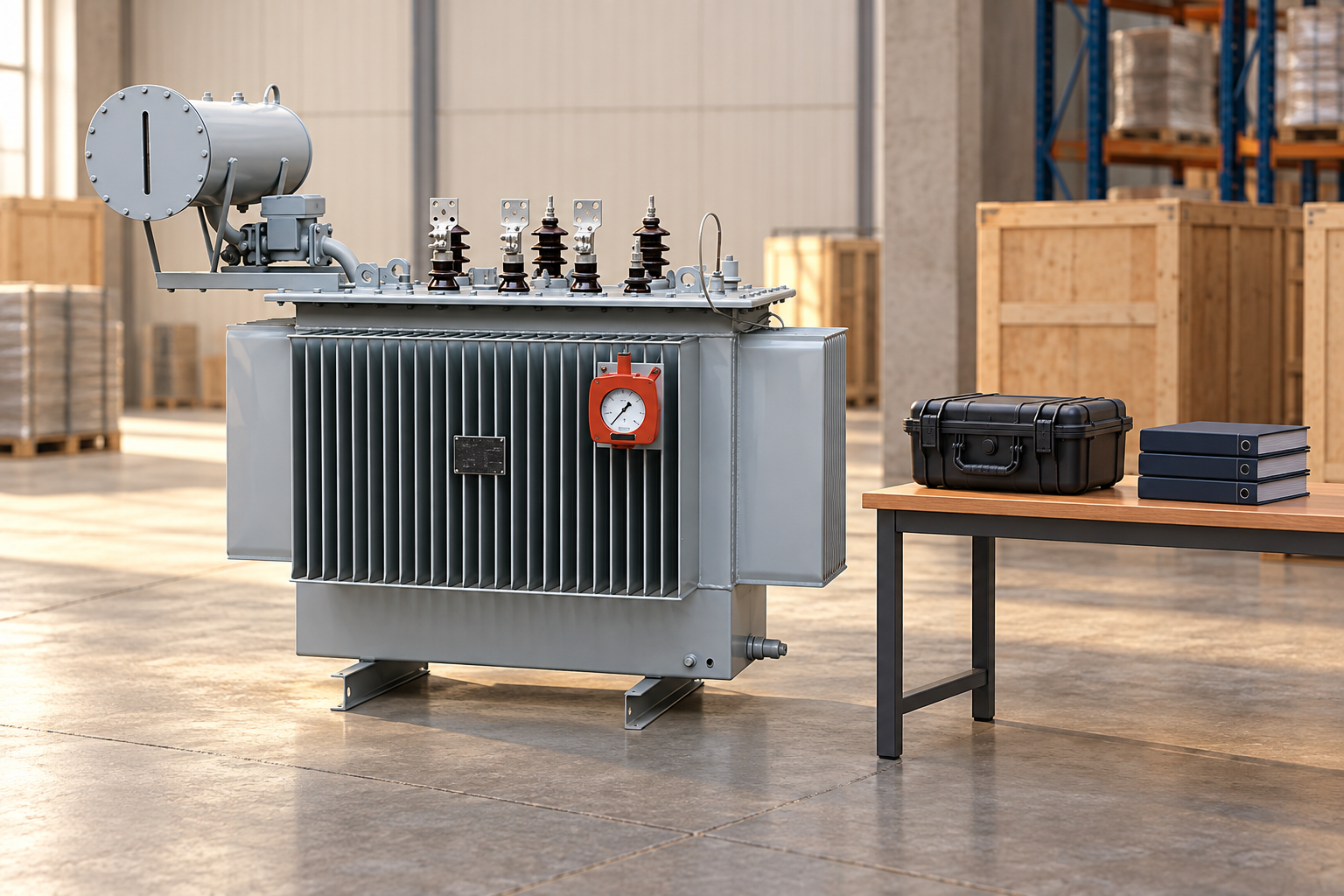 Sealed sample transport case and closed record folders beside the reference transformer