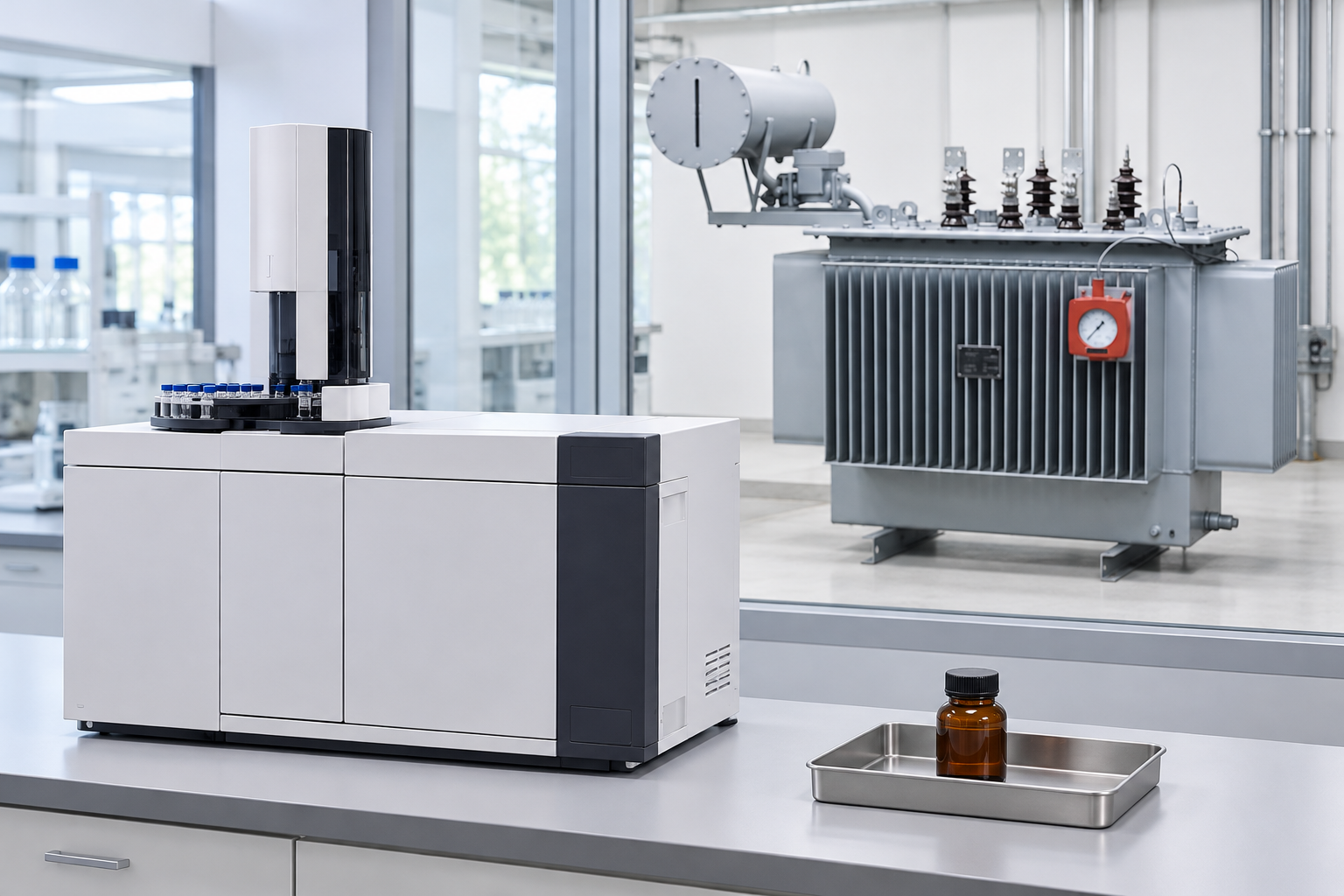 Closed chromatography instrument and sealed oil specimen with the reference transformer beyond a laboratory partition