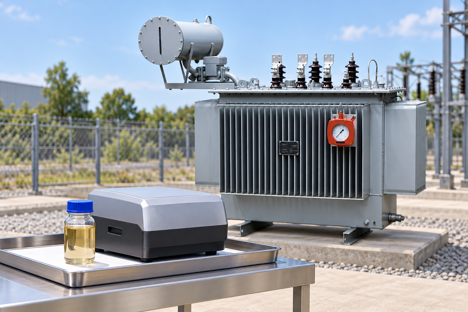 Capped oil specimen and closed particle-counting instrument with the reference transformer behind