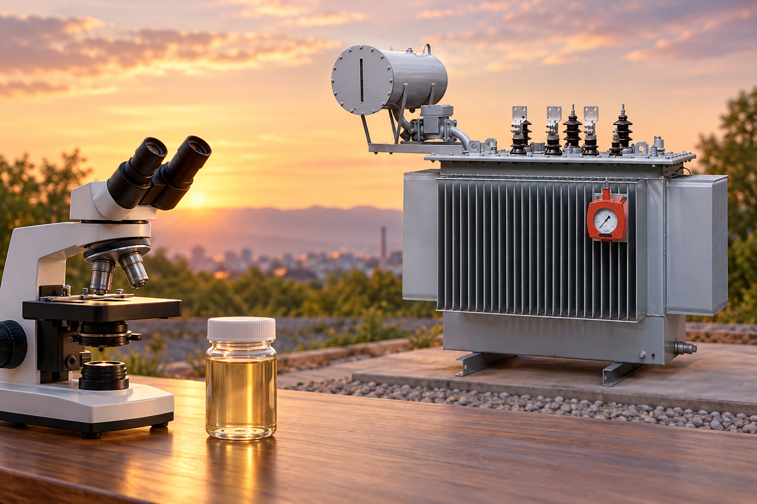 Reference transformer beside a laboratory microscope and an unmarked closed oil specimen