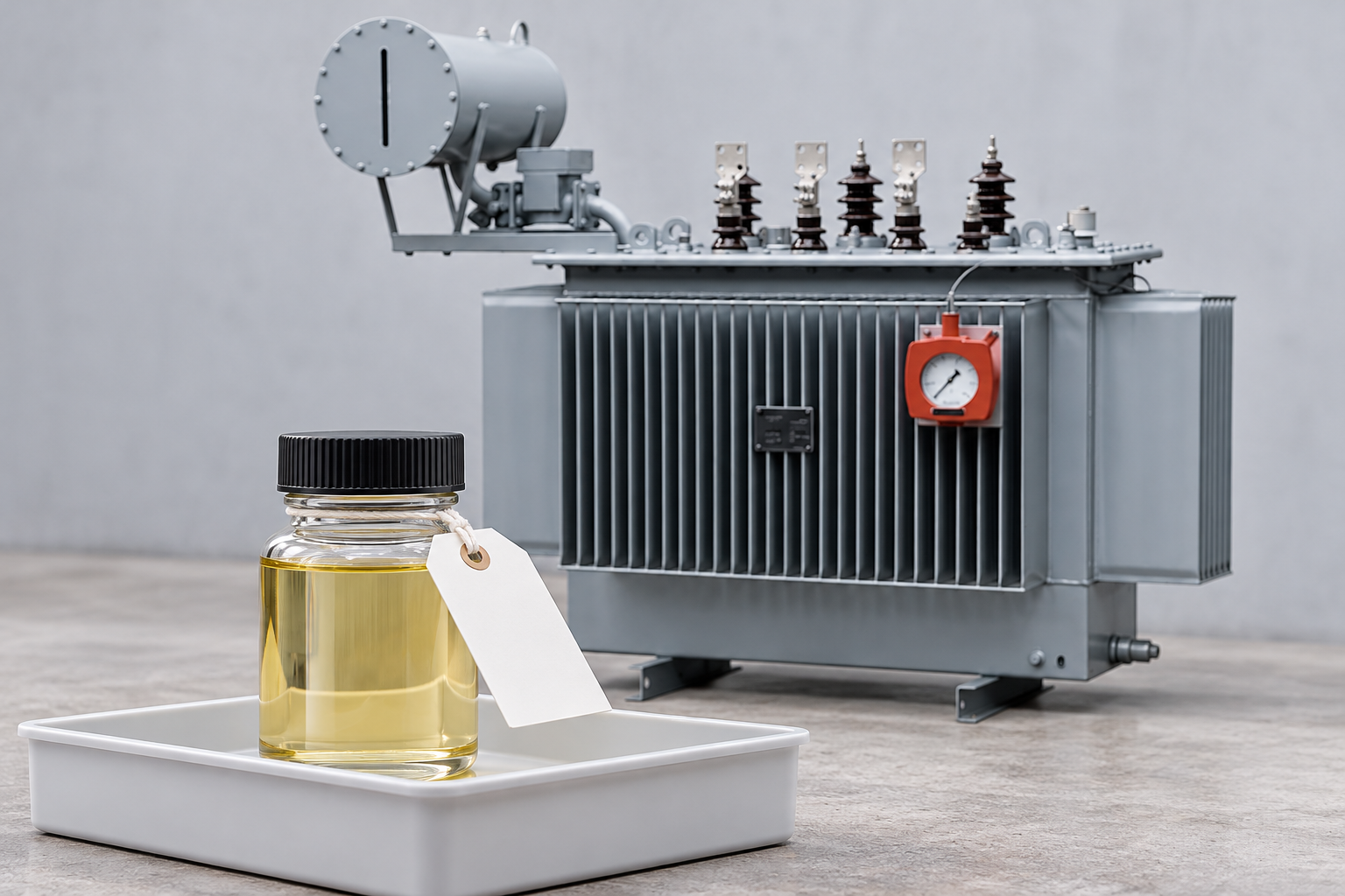 Closed oil specimen in a secondary tray with the reference transformer behind it