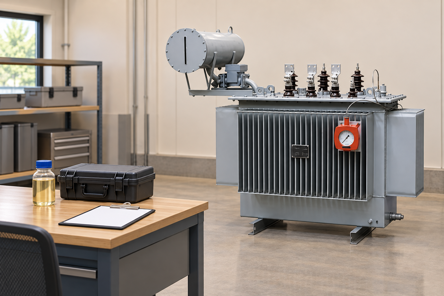 Reference transformer beside a desk holding a closed laboratory case and specimen records