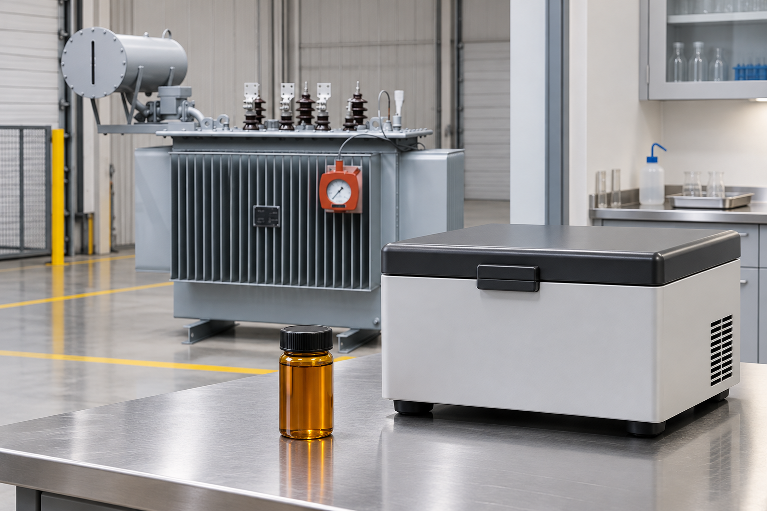 Sealed oil specimen beside a closed cooling chamber with the reference transformer behind