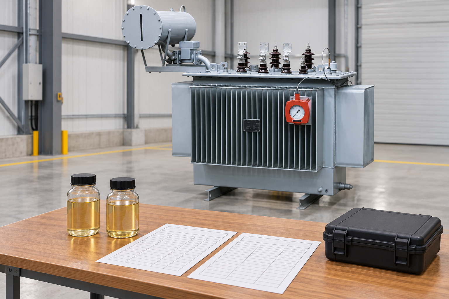 Reference transformer behind capped oil specimens and blank temperature-record sheets