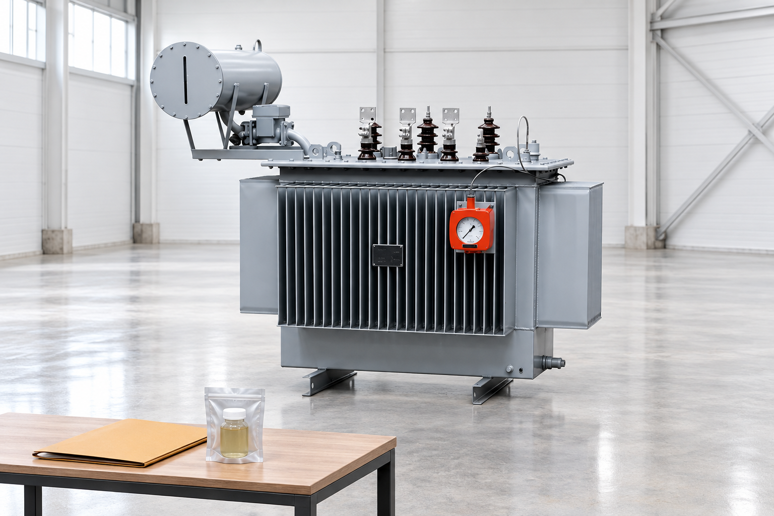 Blank ochre folder and sealed specimen pouch on a separate bench in front of the reference transformer