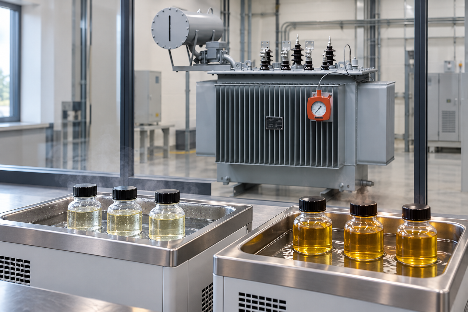 Closed oil specimens in separate baths with the transformer behind a partition