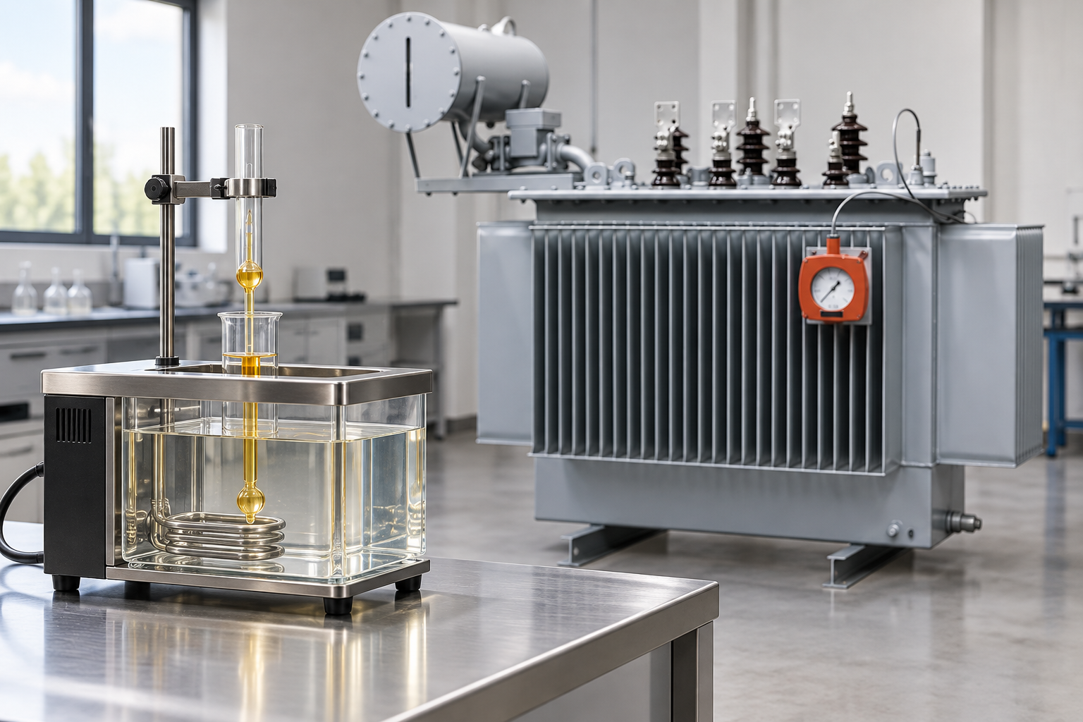 Glass capillary instrument in a bath beside the reference transformer