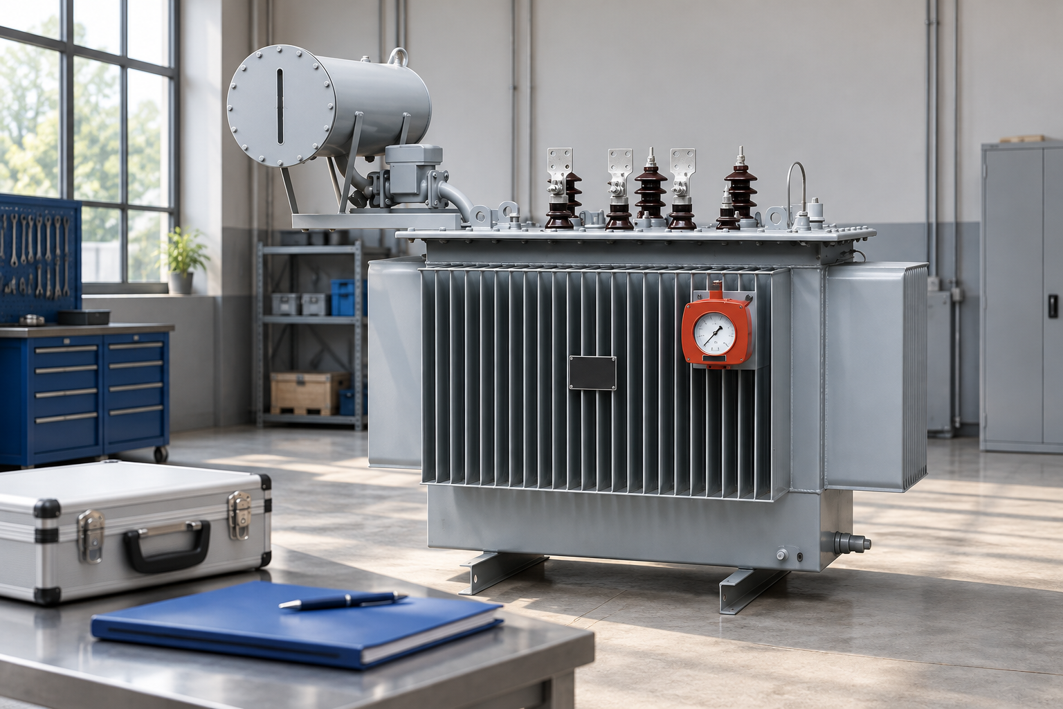 Closed specimen transport case and maintenance records in front of the reference transformer