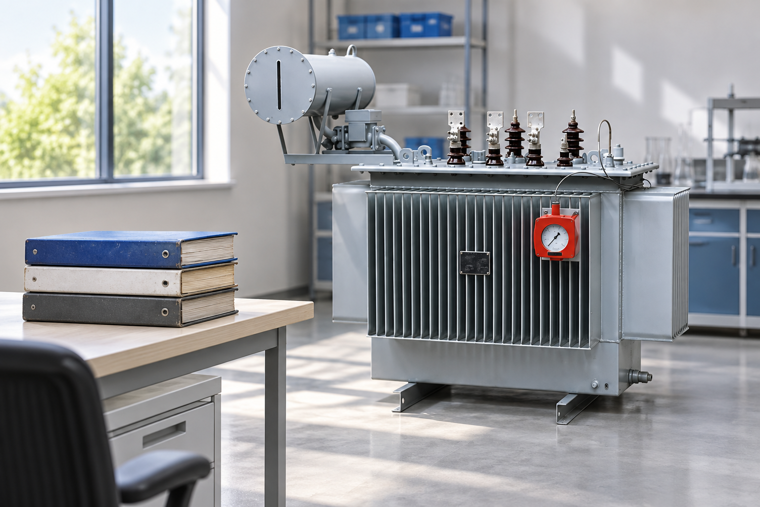 Closed dielectric assessment folders on a separate table near reference transformer
