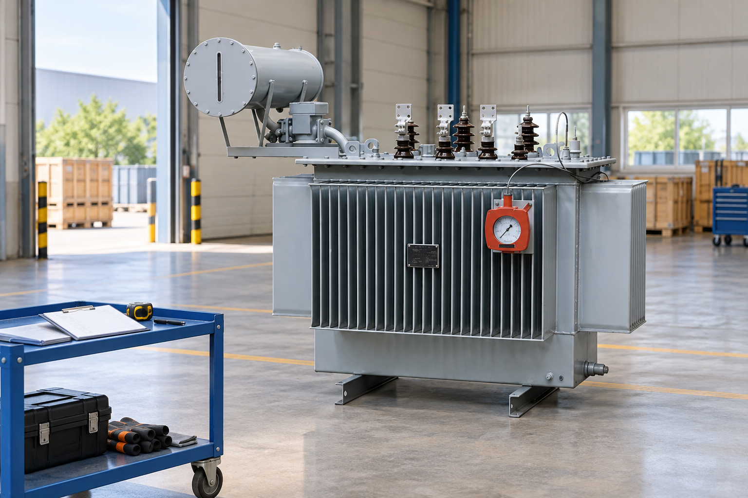 Oil transformer in a receiving inspection hall beside a separate trolley
