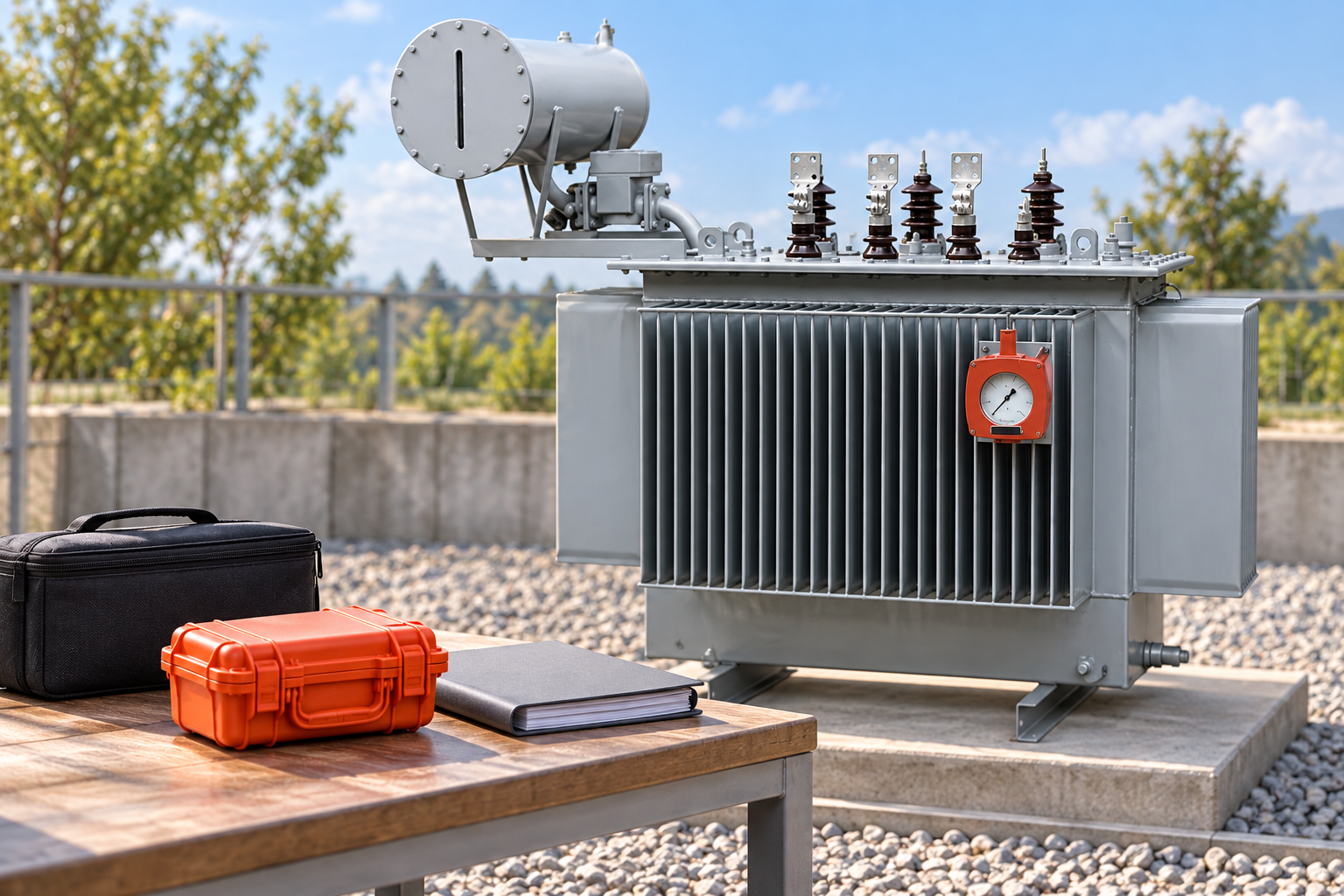 Separate impact recorder case and shipping dossier beside reference transformer