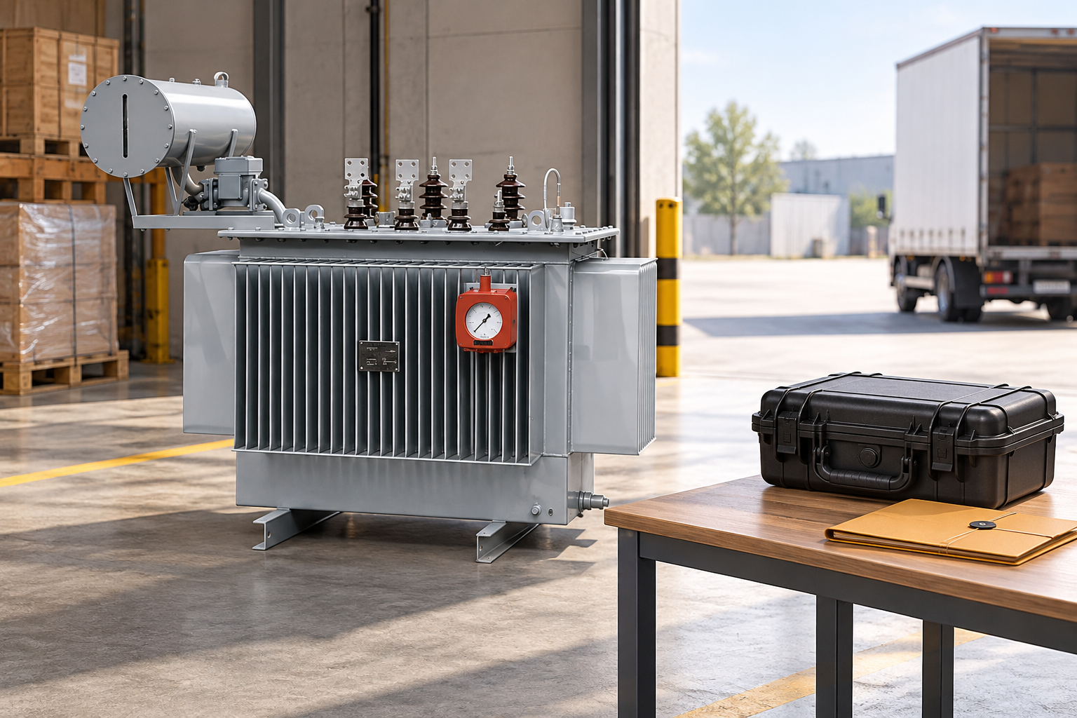 Sealed transport recorder case and receiving inspection folder beside reference transformer