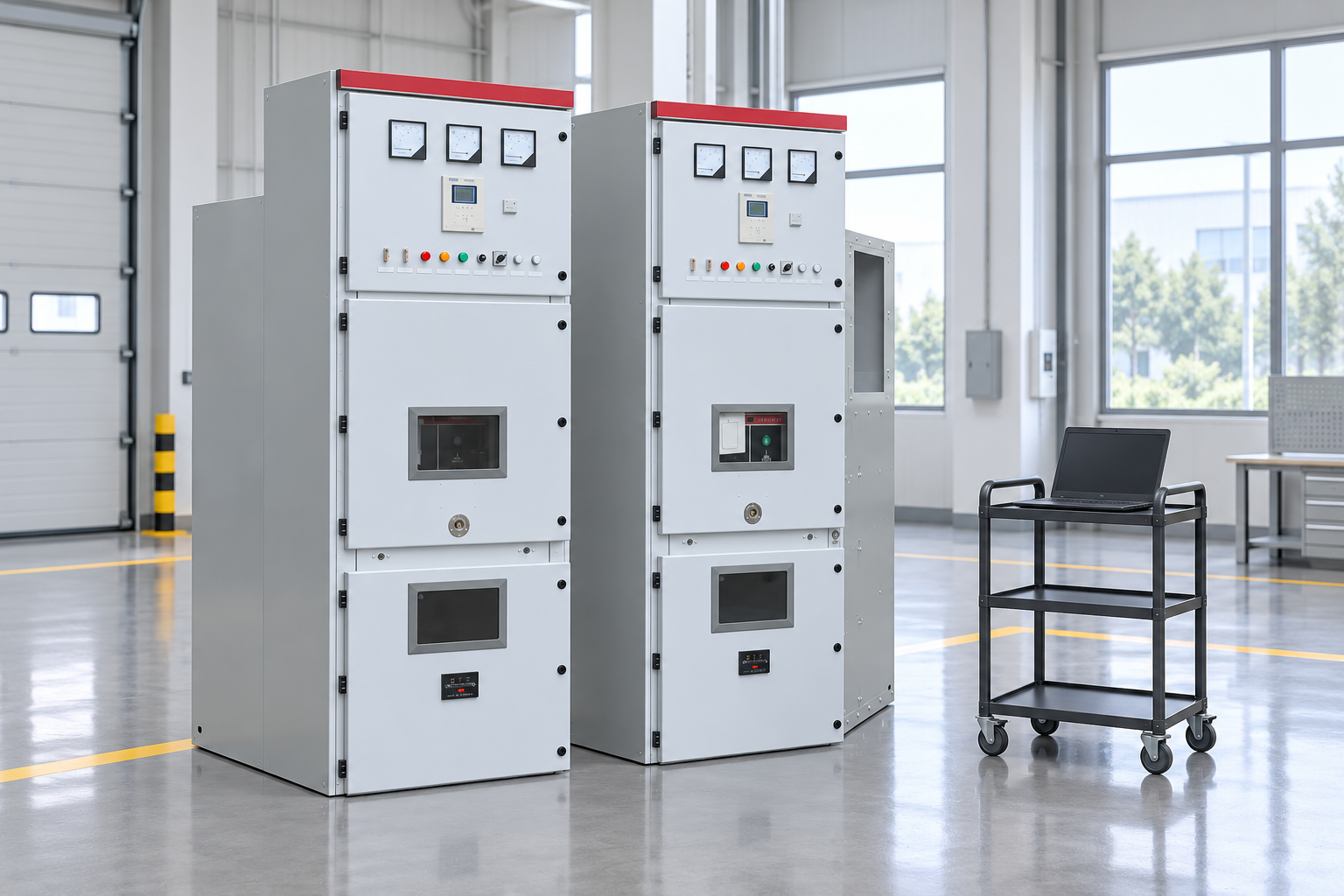 Closed switchgear cabinets in an acoustic inspection planning bay