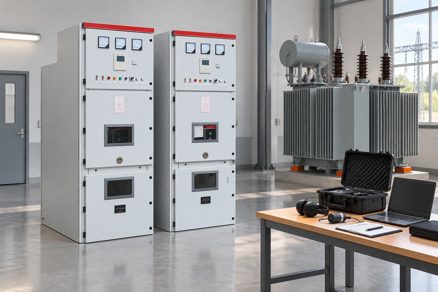 Medium-voltage switchgear beside a separate survey case