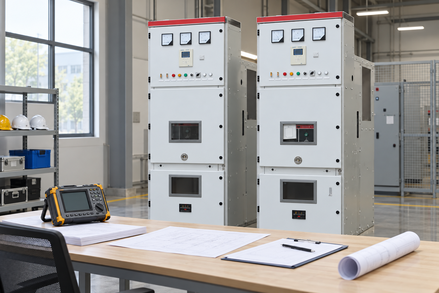 Closed switchgear beside an instrument review table